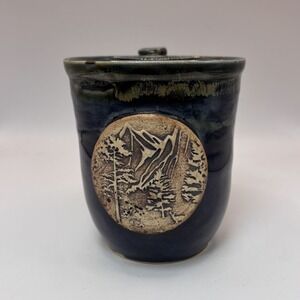Handmade Pottery Mug‎ Mountain Forest Medallion Signed JDT Studio Ceramic